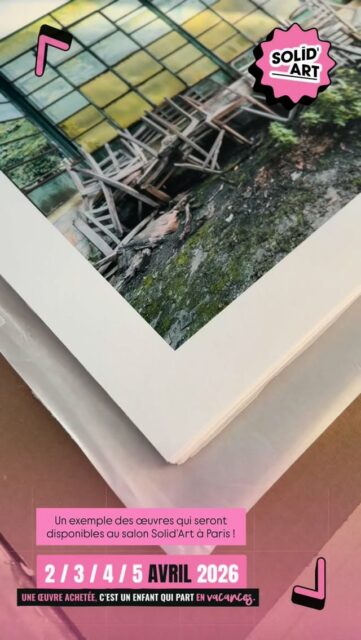 Bonjour à tous,

J’ai la chance d’avoir été sélectionné pour participer au salon Solid’Art Paris cette année !
Une sélection de plusieurs de mes photographies y seront exposées à cette occasion. 

Solid’Art est un salon d’art contemporain en partenariat avec le Secours Populaire qui permet à un enfant de partir en vacances pour chaque œuvre achetée. En effet, 50% du prix de vente des œuvres seront reversés à l’association pour soutenir cette cause. Une occasion de faire une bonne action tout en soutenant un artiste. L’entrée est totalement gratuite.

Horaires d’ouverture au public :

Jeudi 2 avril : 18h-22h (Vernissage)
Vendredi 3 avril : 14h30-19h30
Samedi 4 avril : 11h-20h
Dimanche 5 avril : 10h-18h30

Rendez-vous du 2 au 5 avril 2026 au Carreau du Temple à Paris pour, je l’espère, vous rencontrer. Hâte de pouvoir vous présenter mon travail !

#solidartparis #ArtSolidaire #artinparis #secourspopulaire #sortiraparis